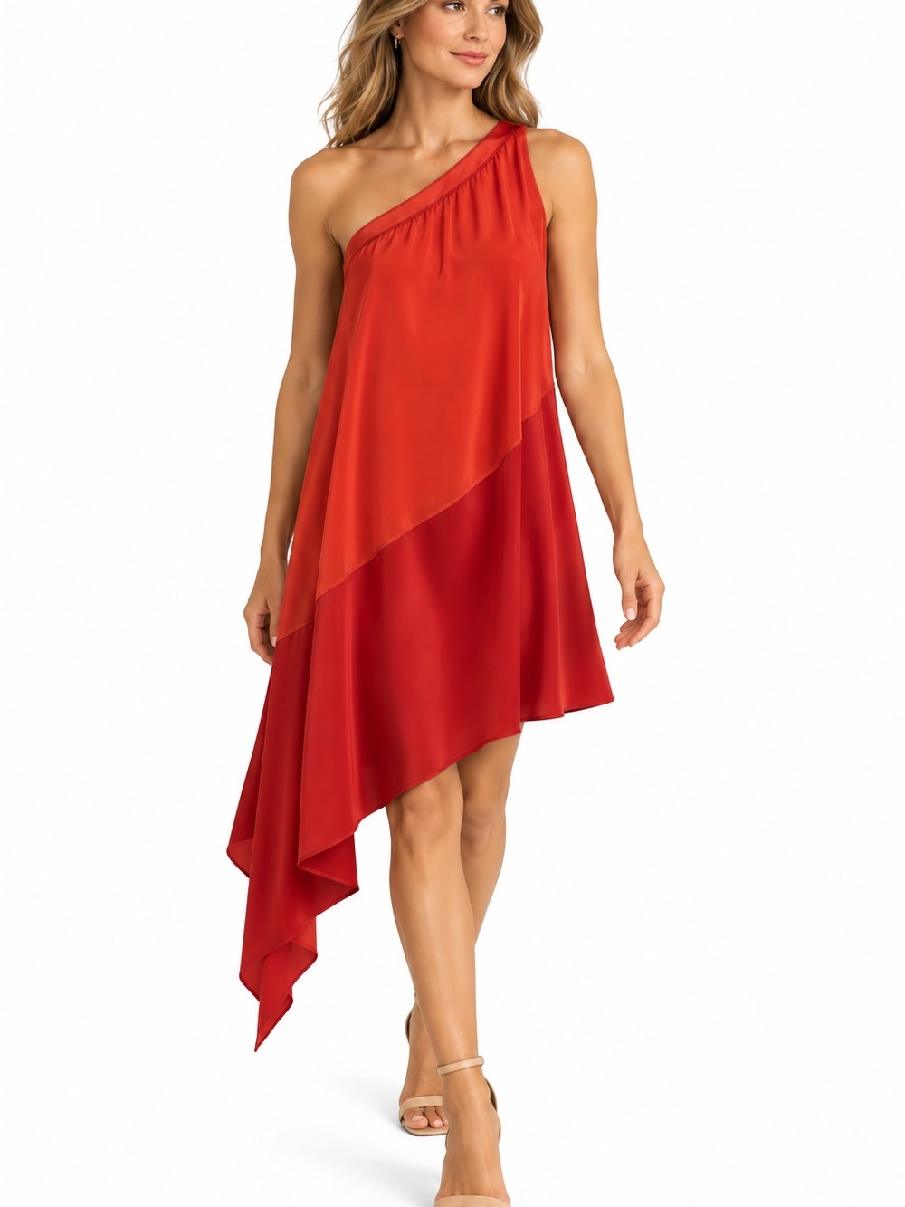 Robert Rodriguez Two-Tone One-Shoulder Asymmetric Dress 100% Silk